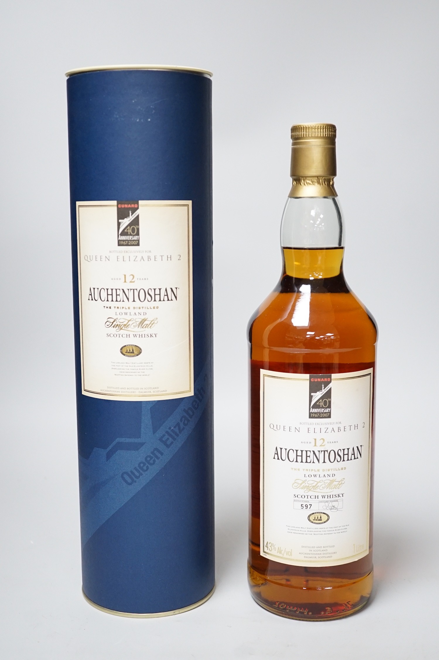 A boxed bottle of Auchentoshan 12 year old Lowlands single malt whisky, bottled exclusively for Queen Elizabeth II